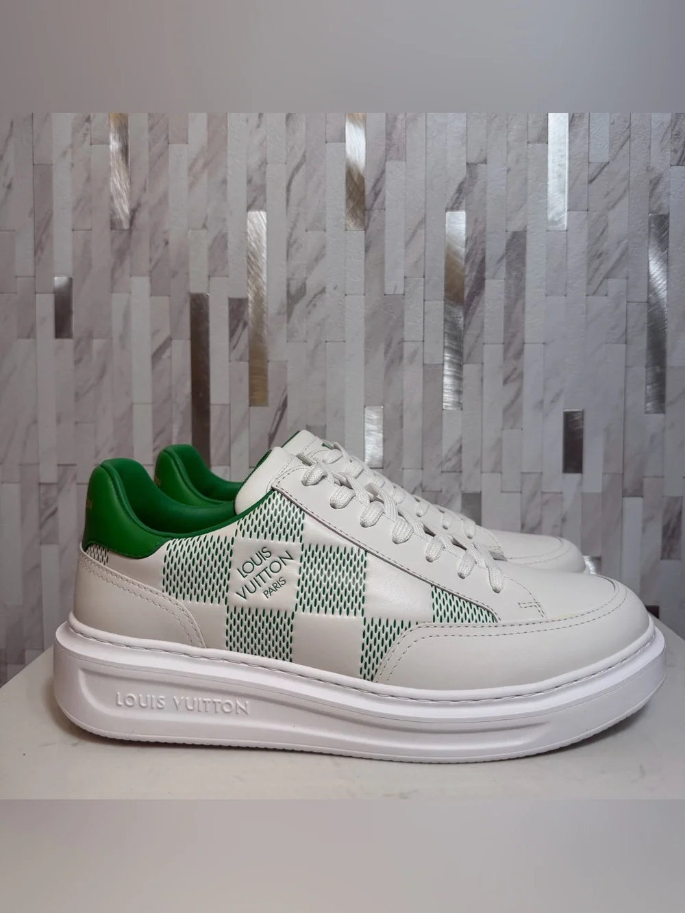 🍀Louis Vuitton Men’s Beverly Hills Giant Damier White/Green Sneakers 7.5UK/9US